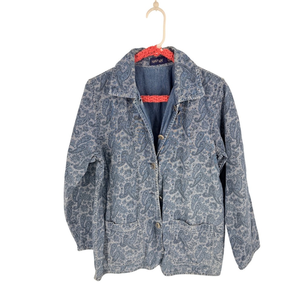 Krazy Kat Reversible Denim Jacket Blue Paisley Size S Boho Chore Coat Cotton